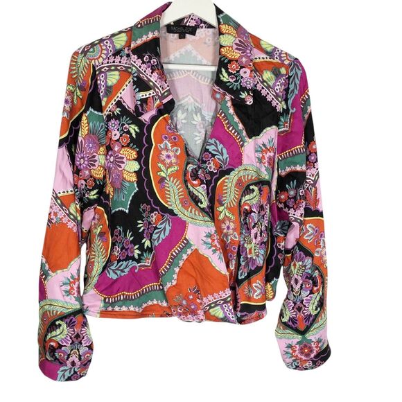 Rachel Zoe Large Colorful Retro Wrapped Crop Blouse Top Black Multicolor Floral - Picture 1 of 11